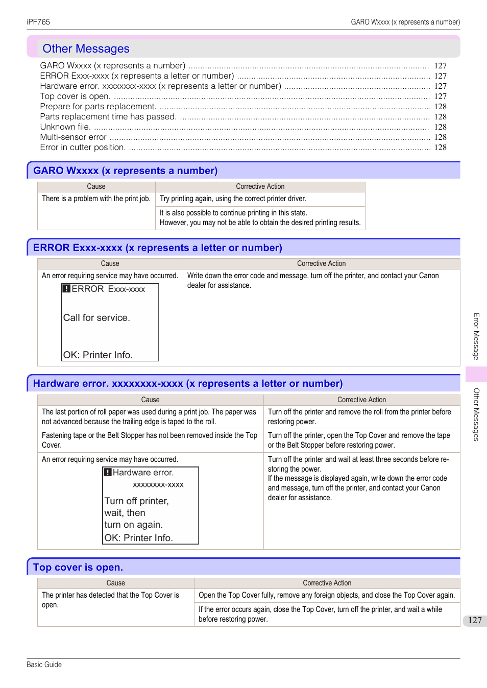 Other messages, Garo wxxxx (x represents a number), Error exxx-xxxx (x represents a letter or number) | Top cover is open | Canon imagePROGRAF iPF765 User Manual | Page 127 / 132