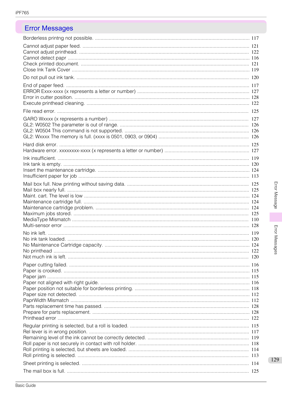 Error messages, See "error messages."), P.129 | Canon imagePROGRAF iPF765 User Manual | Page 129 / 132