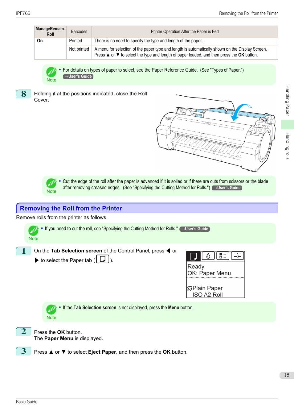 Removing the roll from the printer | Canon imagePROGRAF iPF765 User Manual | Page 15 / 132