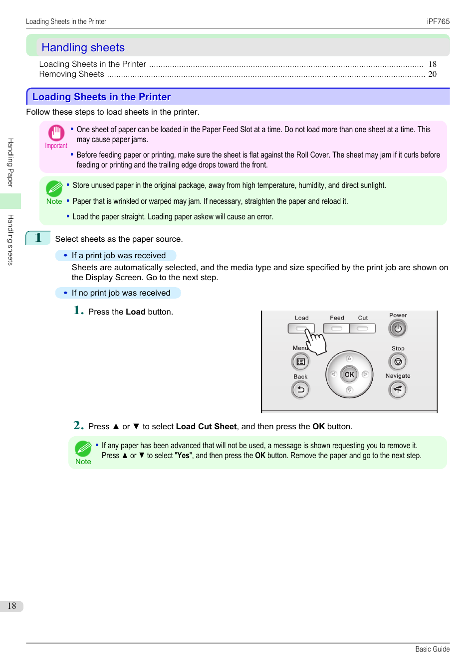 Handling sheets, Loading sheets in the printer | Canon imagePROGRAF iPF765 User Manual | Page 18 / 132