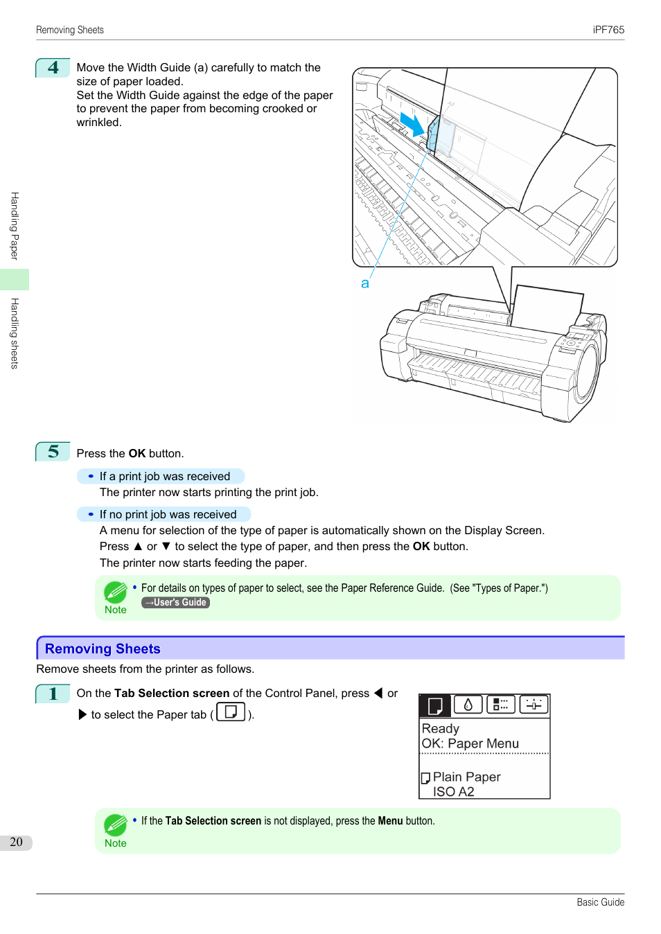Removing sheets | Canon imagePROGRAF iPF765 User Manual | Page 20 / 132