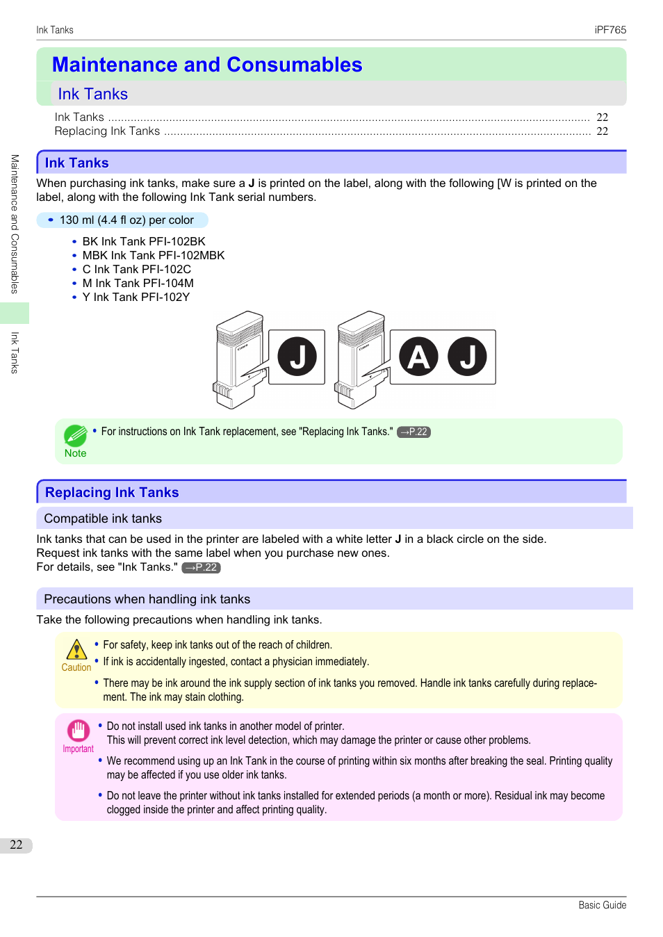 Maintenance and consumables, Ink tanks, Replacing ink tanks | Canon imagePROGRAF iPF765 User Manual | Page 22 / 132