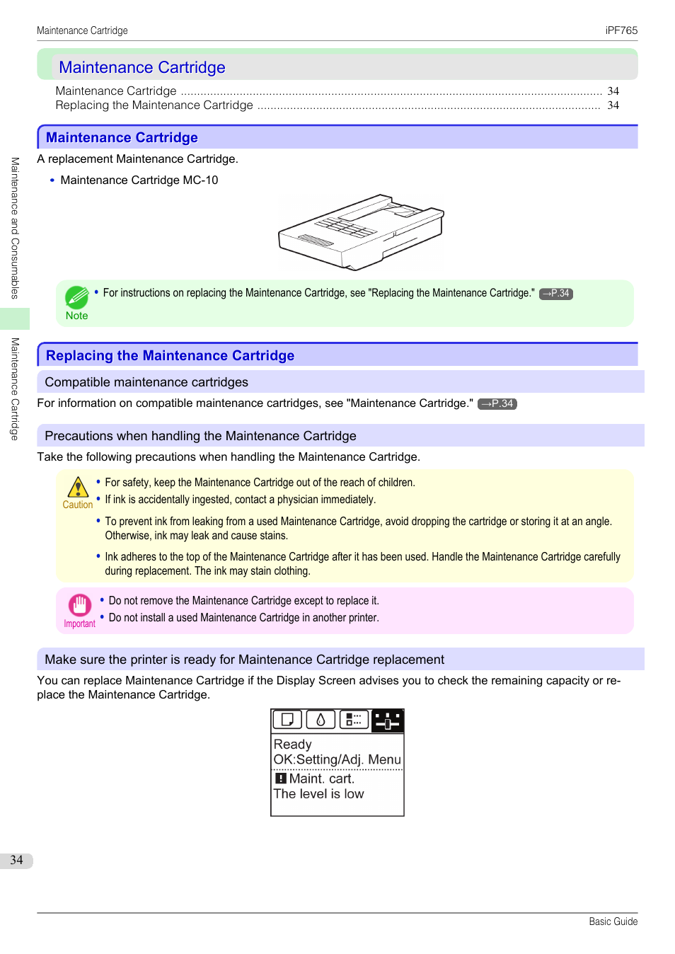 Maintenance cartridge, Replacing the maintenance cartridge | Canon imagePROGRAF iPF765 User Manual | Page 34 / 132