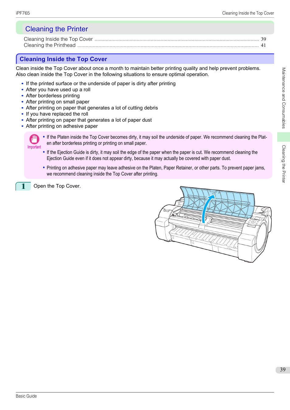 Cleaning the printer, Cleaning inside the top cover | Canon imagePROGRAF iPF765 User Manual | Page 39 / 132