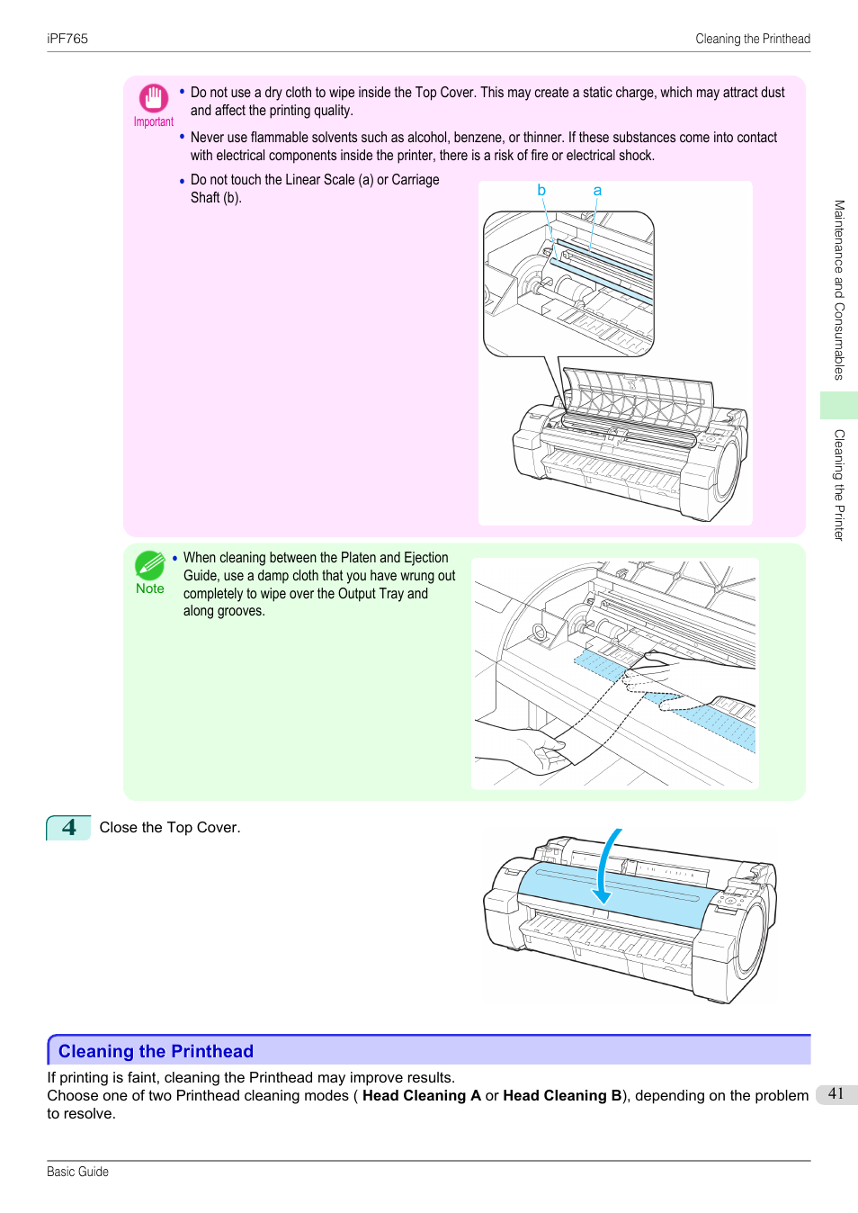Cleaning the printhead | Canon imagePROGRAF iPF765 User Manual | Page 41 / 132