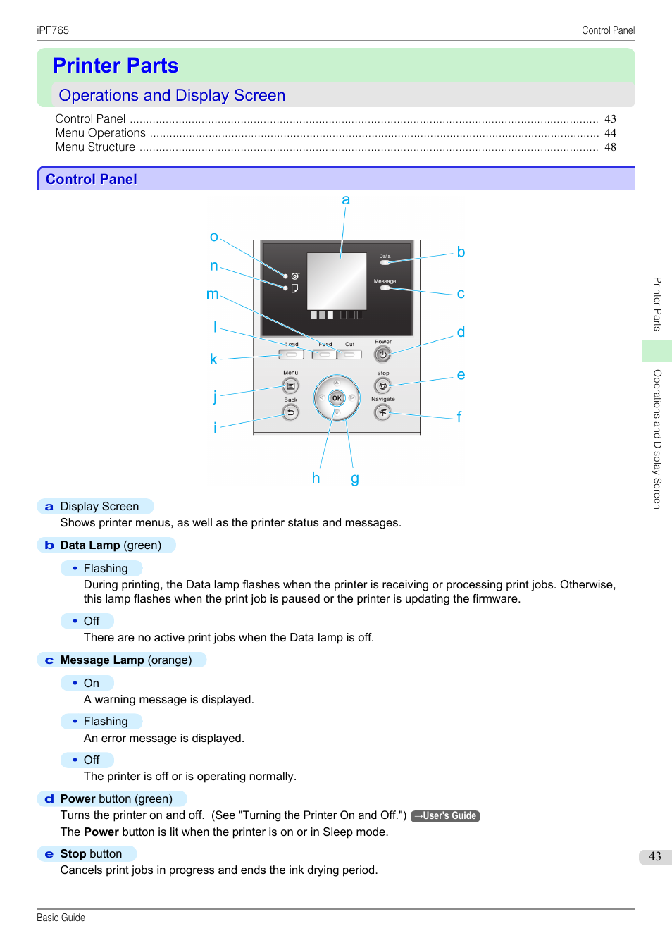 Printer parts, Operations and display screen, Control panel | Canon imagePROGRAF iPF765 User Manual | Page 43 / 132