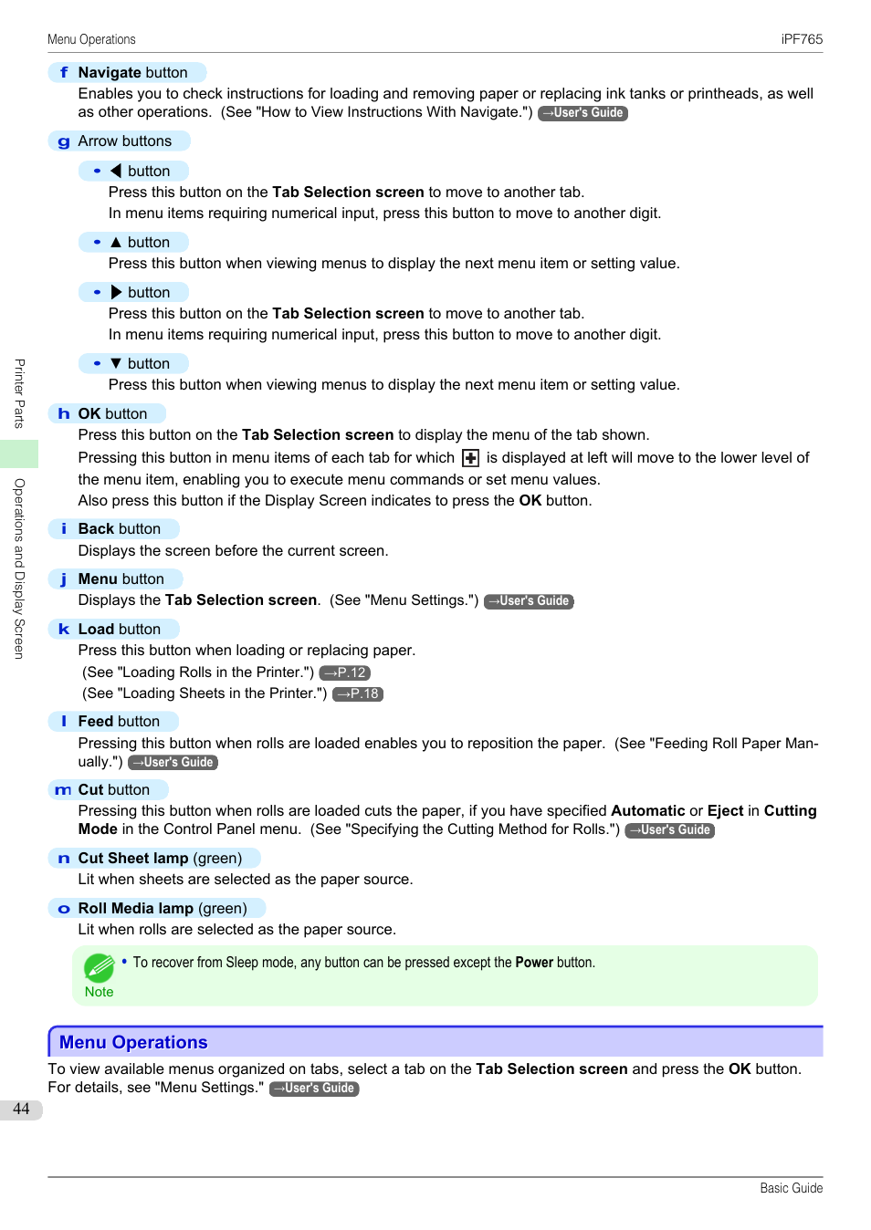 Menu operations | Canon imagePROGRAF iPF765 User Manual | Page 44 / 132