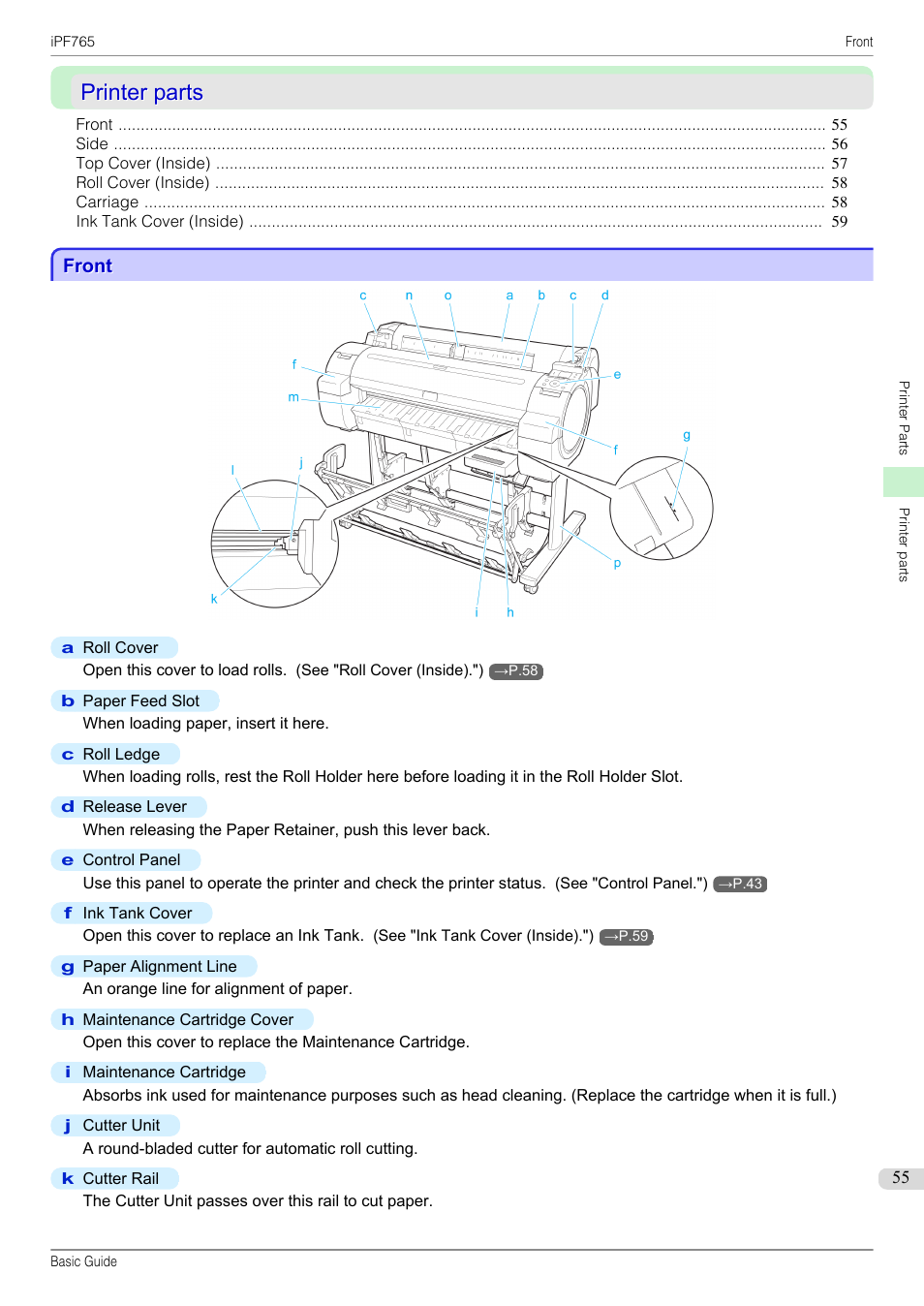 Printer parts, Front | Canon imagePROGRAF iPF765 User Manual | Page 55 / 132