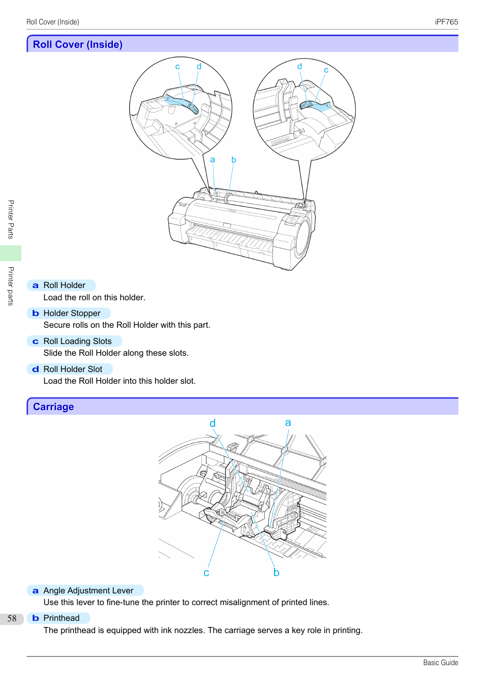 Roll cover (inside), Carriage, P.58 | Canon imagePROGRAF iPF765 User Manual | Page 58 / 132