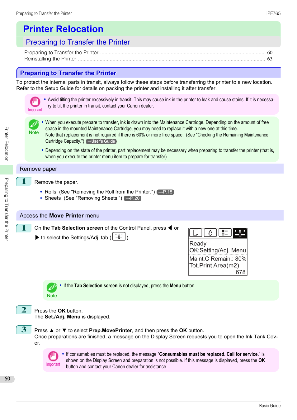 Printer relocation, Preparing to transfer the printer | Canon imagePROGRAF iPF765 User Manual | Page 60 / 132