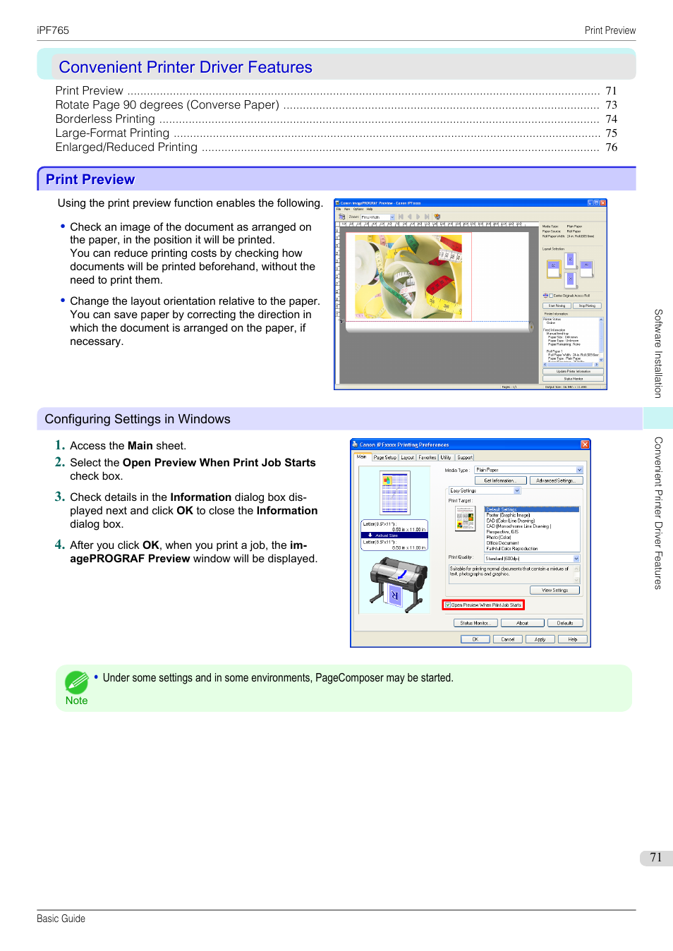 Convenient printer driver features, Print preview | Canon imagePROGRAF iPF765 User Manual | Page 71 / 132