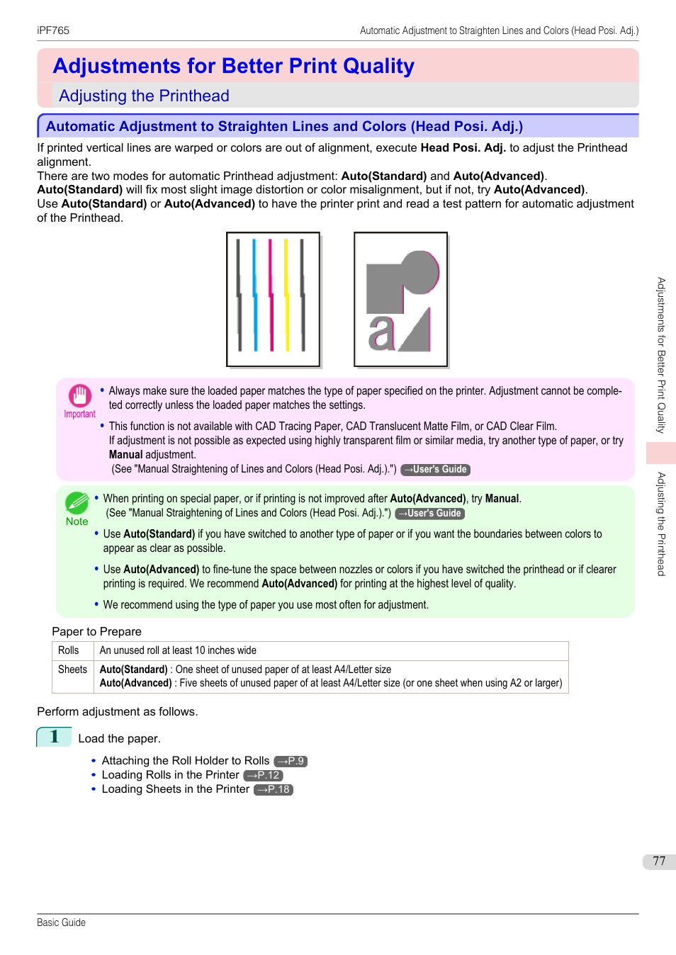 Adjustments for better print quality, Adjusting the printhead | Canon imagePROGRAF iPF765 User Manual | Page 77 / 132