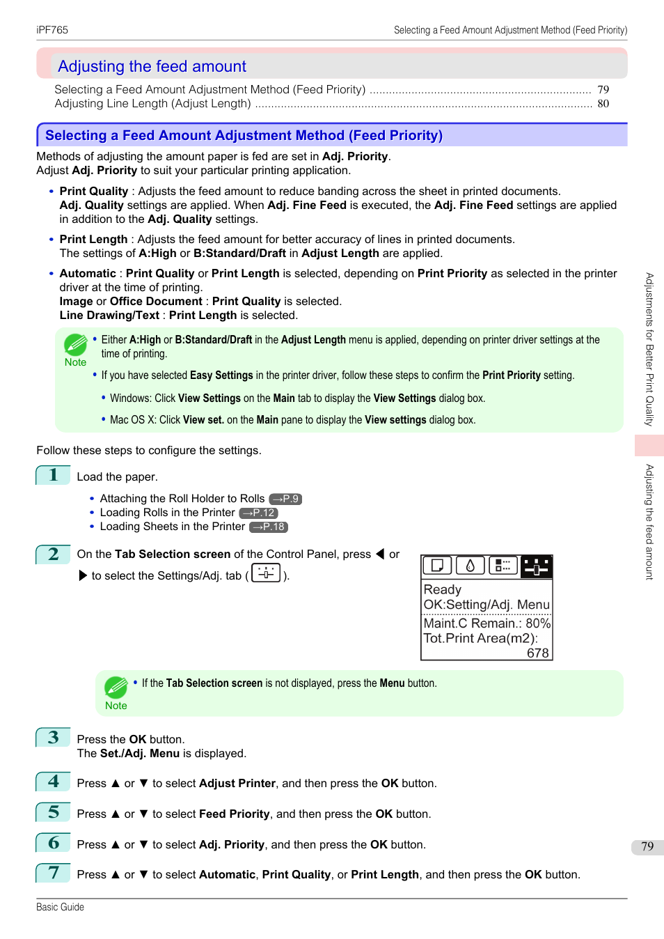 Adjusting the feed amount | Canon imagePROGRAF iPF765 User Manual | Page 79 / 132