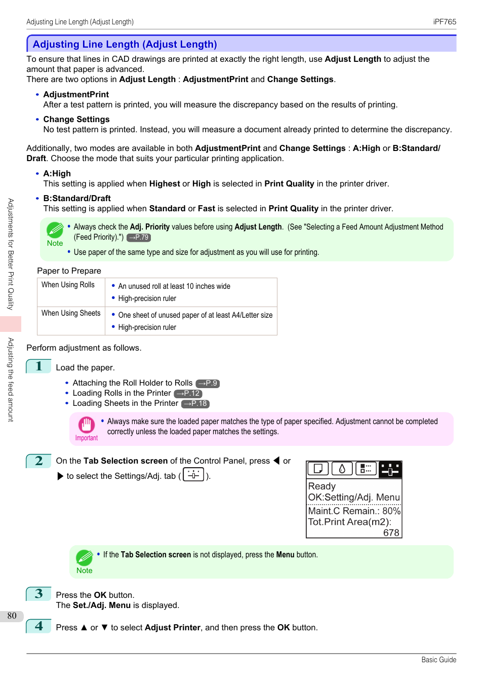 Adjusting line length (adjust length) | Canon imagePROGRAF iPF765 User Manual | Page 80 / 132