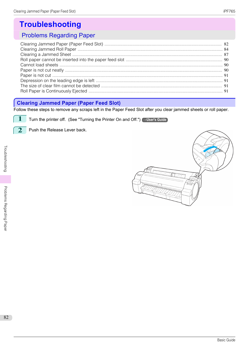 Troubleshooting, Problems regarding paper, Clearing jammed paper (paper feed slot) | Canon imagePROGRAF iPF765 User Manual | Page 82 / 132