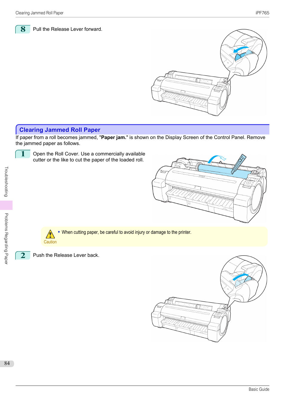 Clearing jammed roll paper | Canon imagePROGRAF iPF765 User Manual | Page 84 / 132
