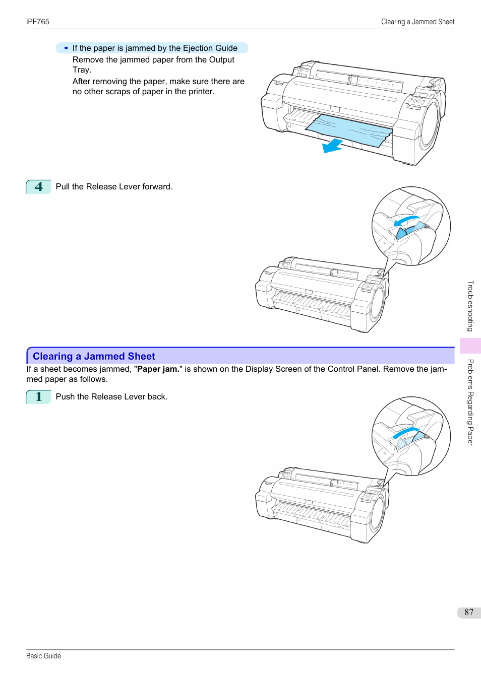 Clearing a jammed sheet | Canon imagePROGRAF iPF765 User Manual | Page 87 / 132