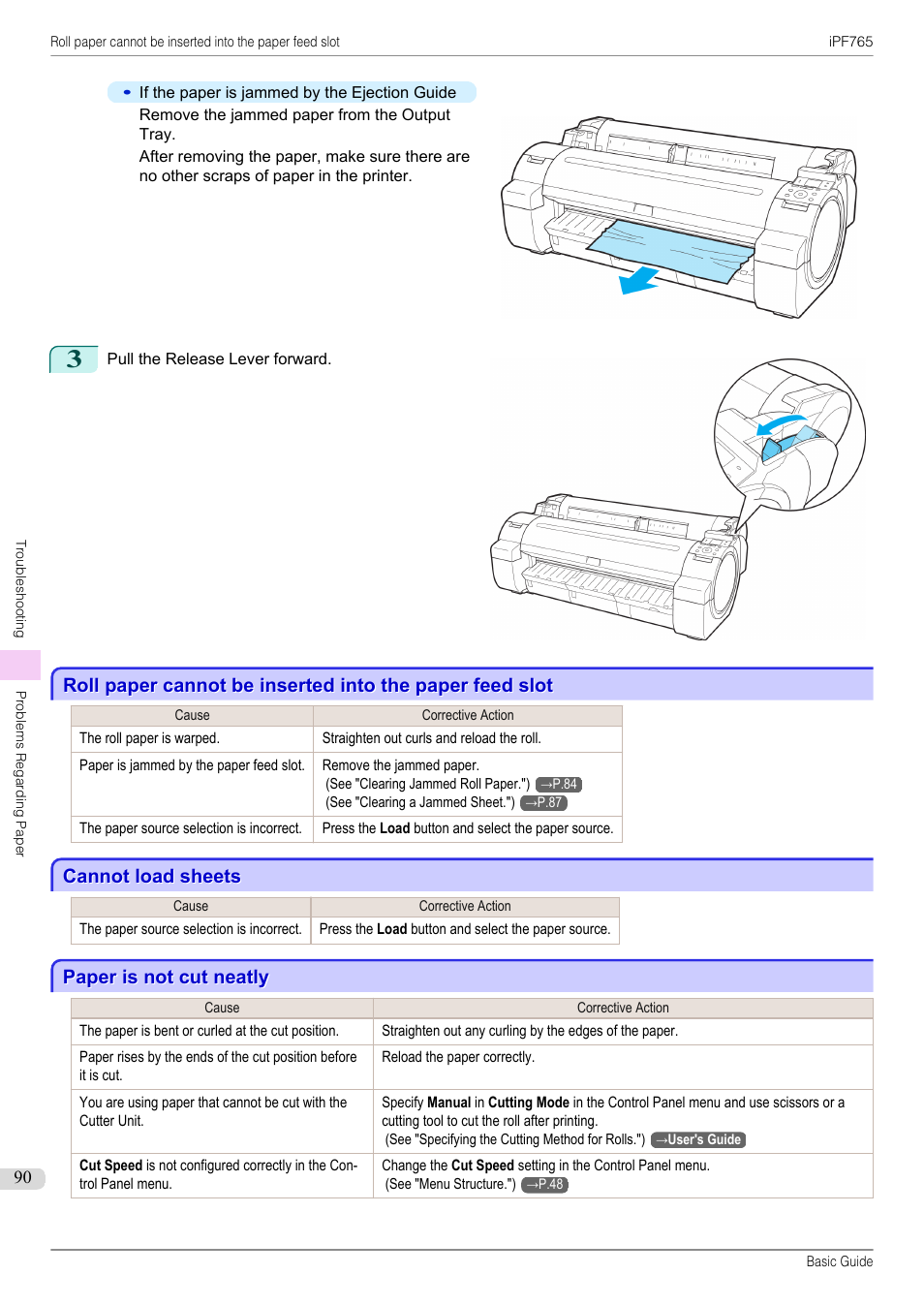 Cannot load sheets, Paper is not cut neatly | Canon imagePROGRAF iPF765 User Manual | Page 90 / 132