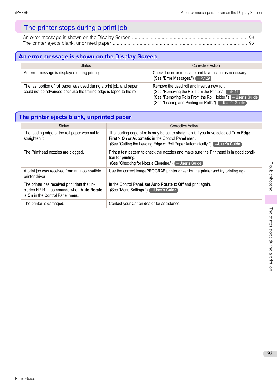 The printer stops during a print job, An error message is shown on the display screen, The printer ejects blank, unprinted paper | Canon imagePROGRAF iPF765 User Manual | Page 93 / 132