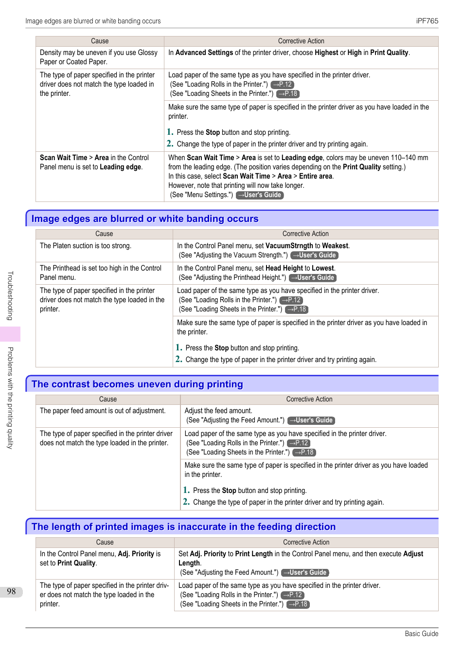 Image edges are blurred or white banding occurs, The contrast becomes uneven during printing | Canon imagePROGRAF iPF765 User Manual | Page 98 / 132