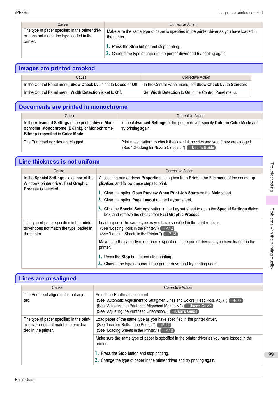 Images are printed crooked, Documents are printed in monochrome, Line thickness is not uniform | Lines are misaligned | Canon imagePROGRAF iPF765 User Manual | Page 99 / 132
