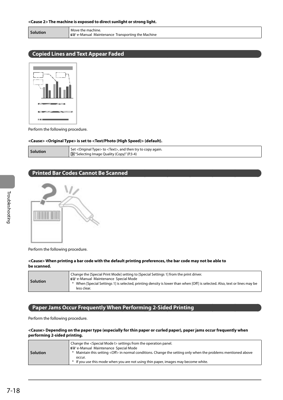 Copied lines and text appear faded, Printed bar codes cannot be scanned, Paper jams occur frequently when performing | Sided printing, A b c | Canon imageCLASS D550 User Manual | Page 104 / 116