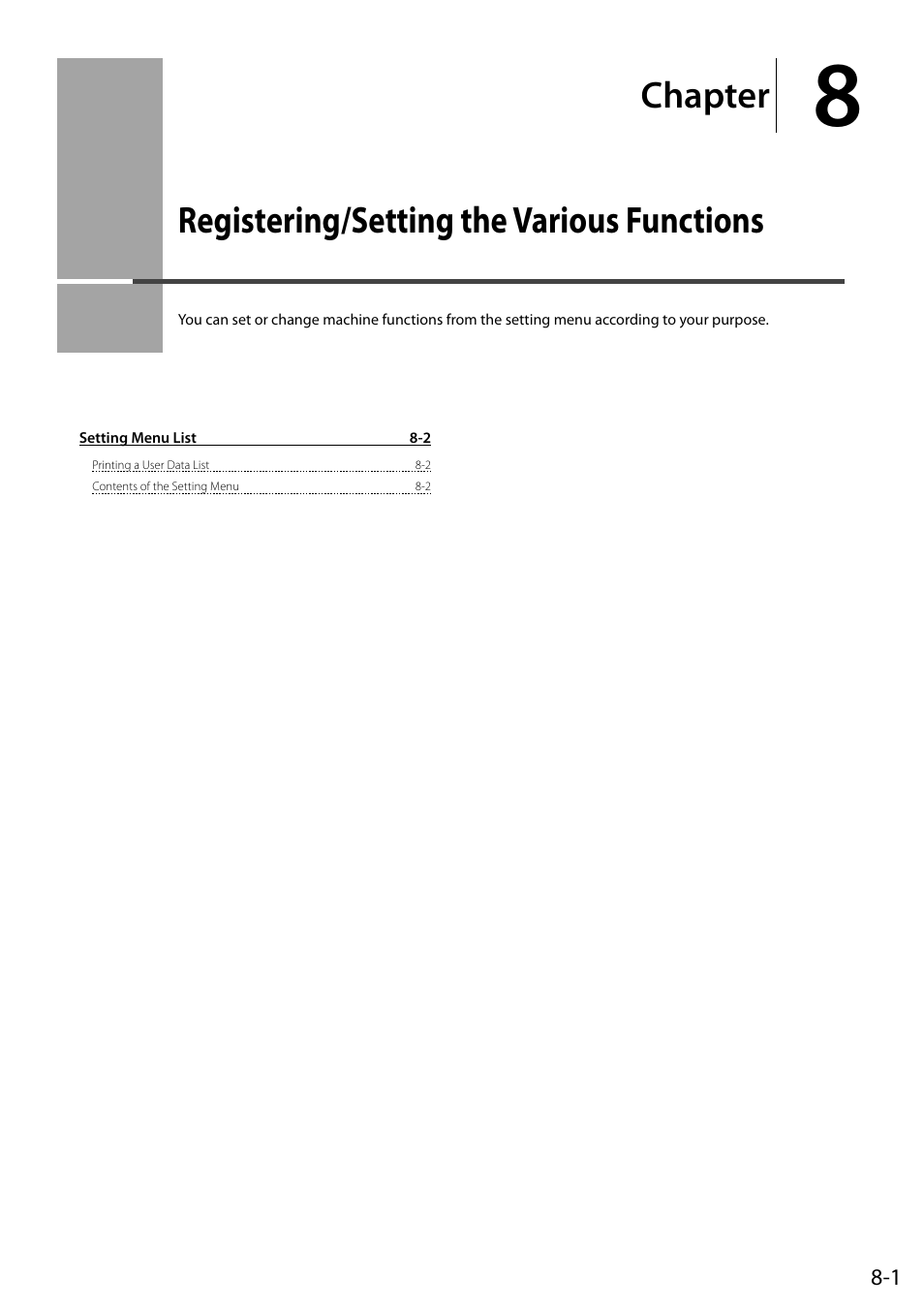 Registering/setting the various functions, Registering/setting, Various | Functions 8-1, Chapter | Canon imageCLASS D550 User Manual | Page 105 / 116