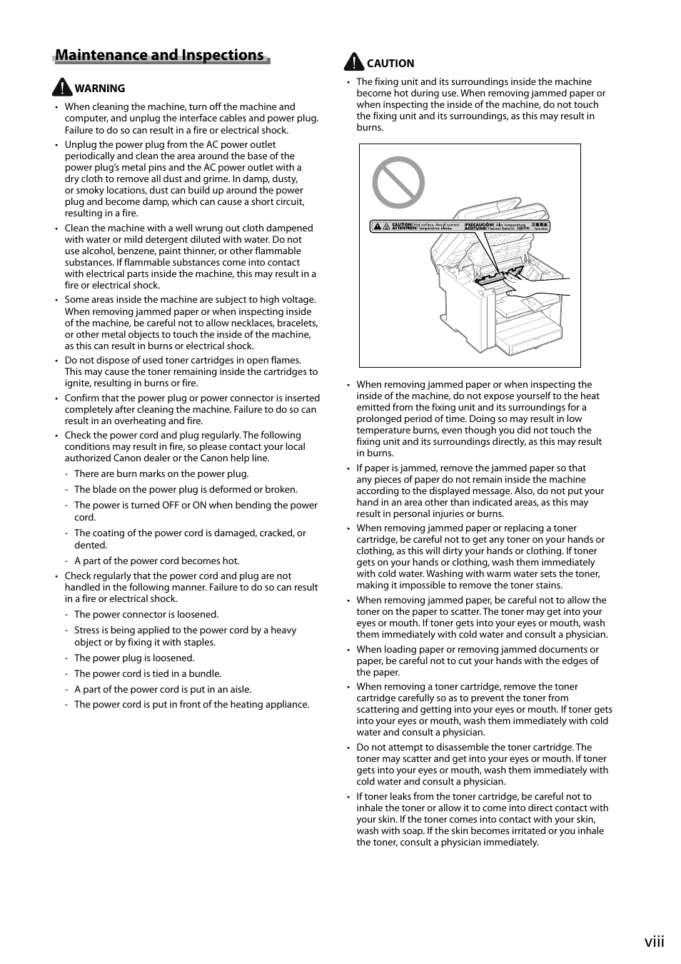 Viii, Maintenance and inspections | Canon imageCLASS D550 User Manual | Page 11 / 116