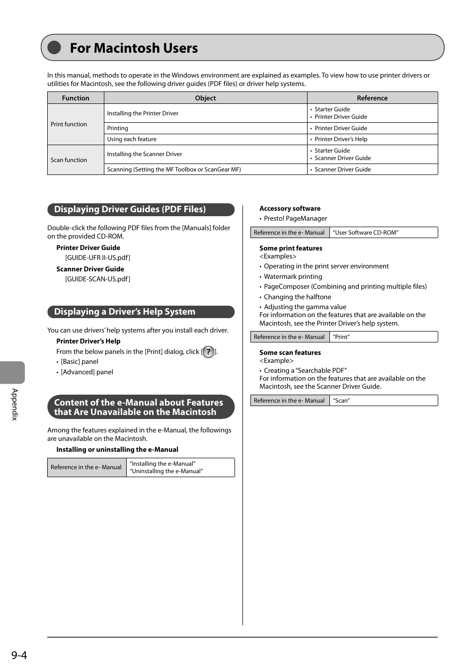 For macintosh users, Displaying driver guides (pdf files), Displaying a driver’s help system | Content of the e-manual about features that are, Unavailable on the macintosh | Canon imageCLASS D550 User Manual | Page 112 / 116