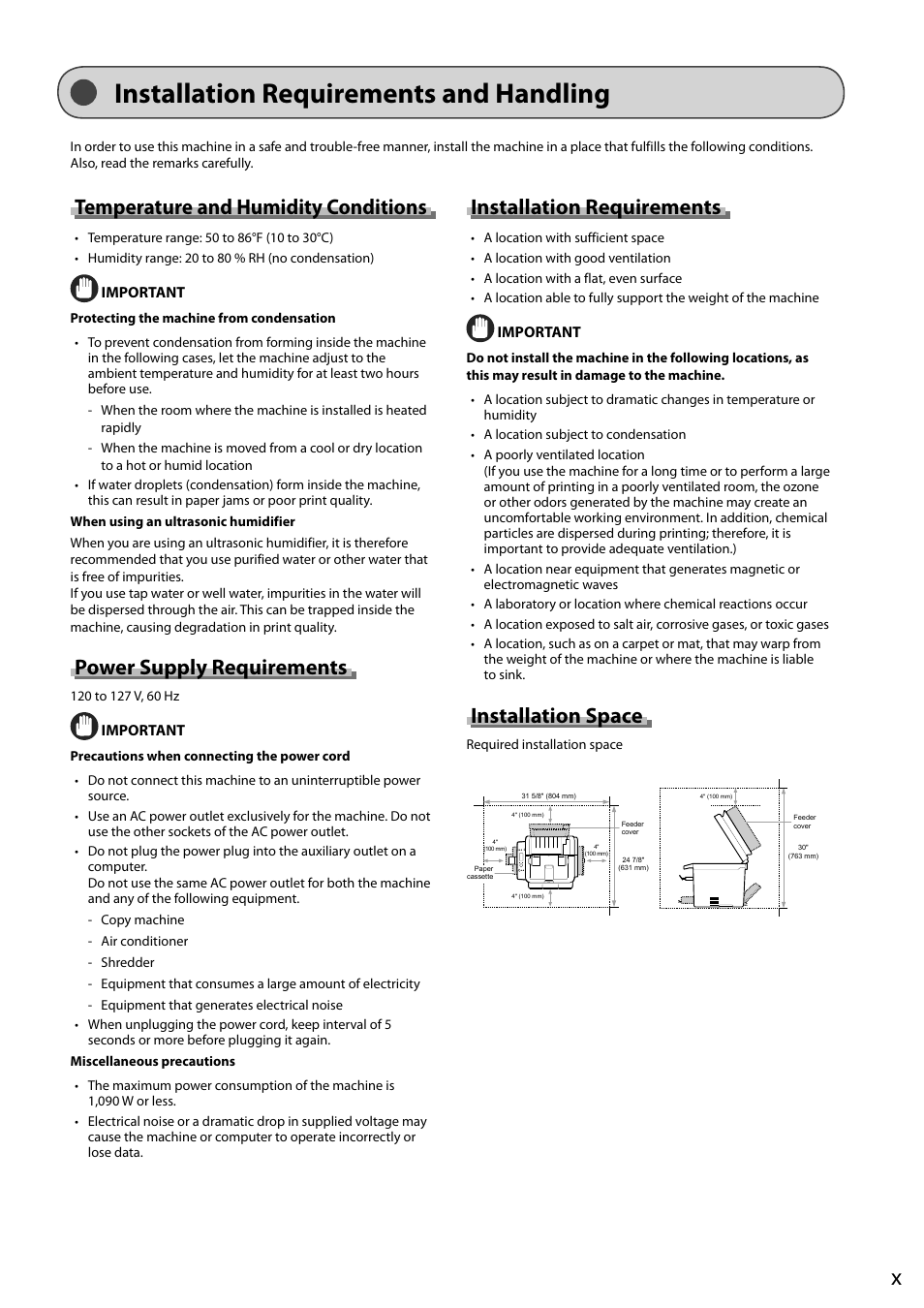 Installation requirements and handling, Temperature and humidity conditions, Power supply requirements | Installation requirements, Installation space | Canon imageCLASS D550 User Manual | Page 13 / 116