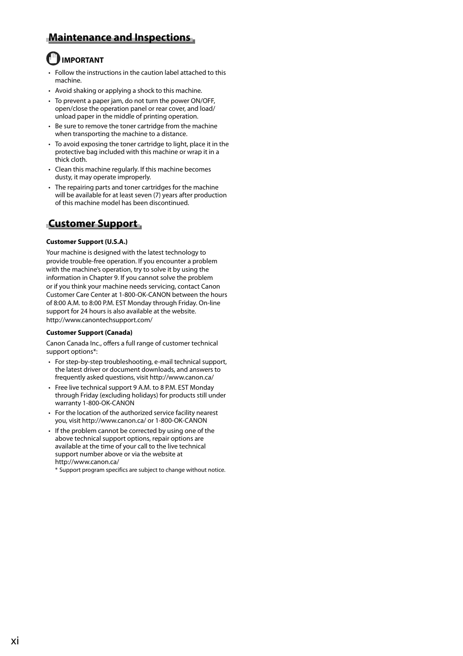 Maintenance and inspections, Customer support | Canon imageCLASS D550 User Manual | Page 14 / 116