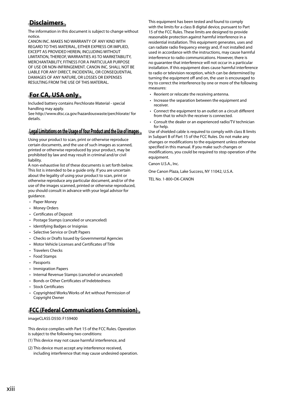 Xiii, Disclaimers, For ca, usa only | Fcc (federal communications commission) | Canon imageCLASS D550 User Manual | Page 16 / 116