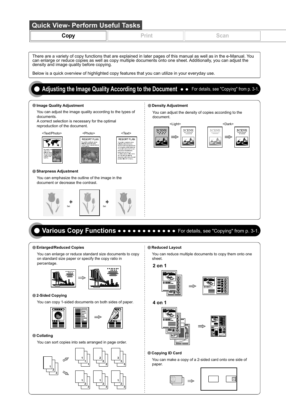 Various copy functions, Quick view- perform useful tasks, Copy print scan | For details, see "copying" from p. 3-1, 2 on 1 4 on 1 | Canon imageCLASS D550 User Manual | Page 2 / 116