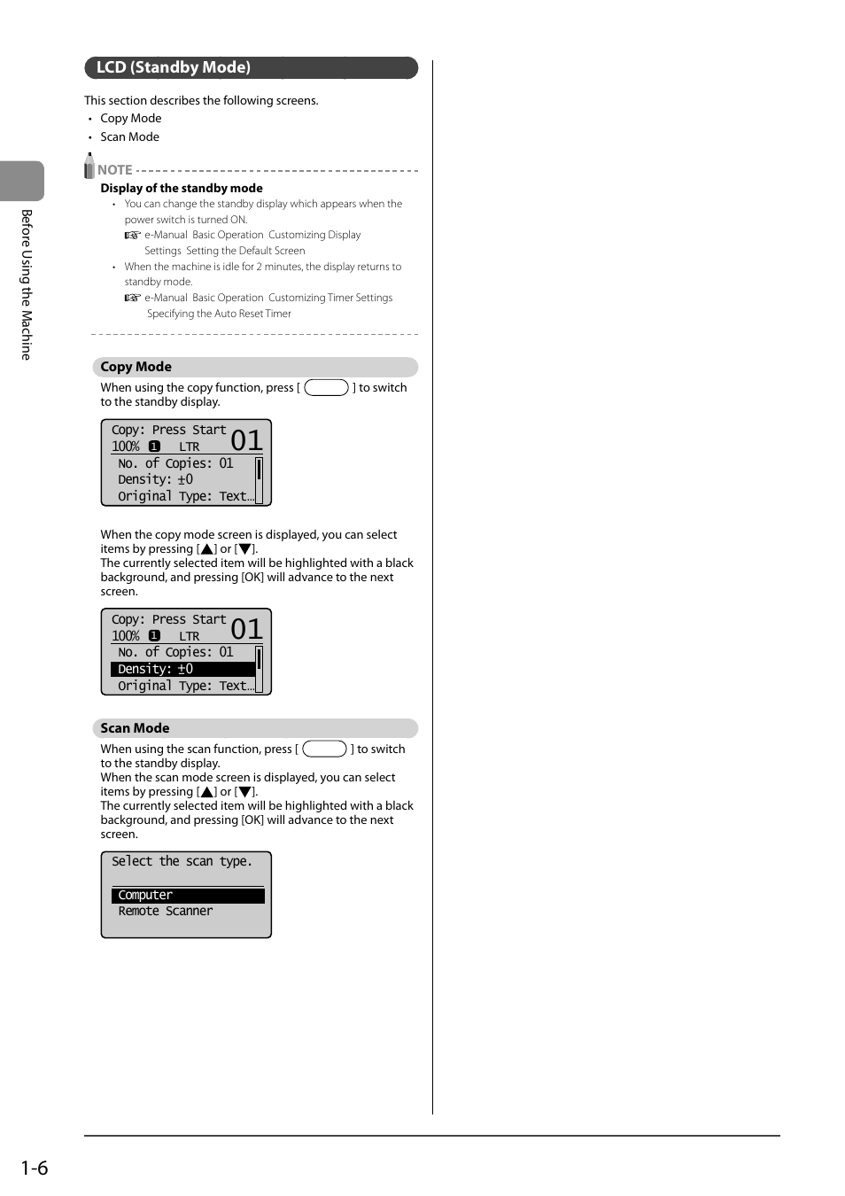 Lcd (standby mode), Copy mode, Scan mode | Canon imageCLASS D550 User Manual | Page 24 / 116