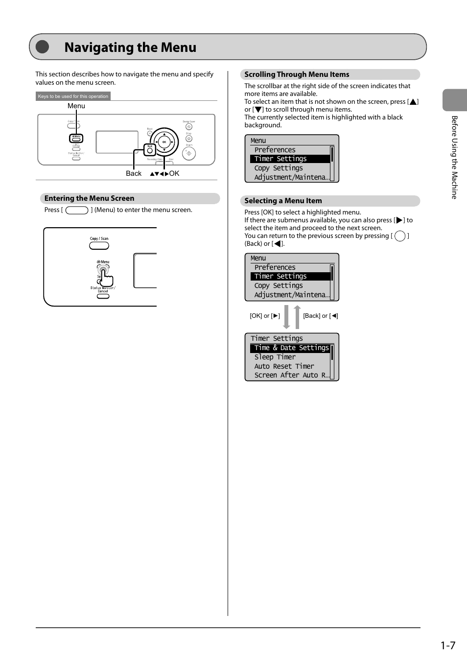Navigating the menu, Entering the menu screen, Scrolling through menu items | Selecting a menu item | Canon imageCLASS D550 User Manual | Page 25 / 116