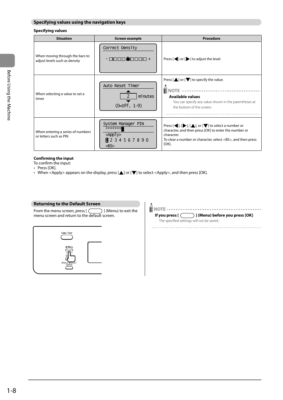 Specifying values using the navigation keys, Returning to the default screen | Canon imageCLASS D550 User Manual | Page 26 / 116