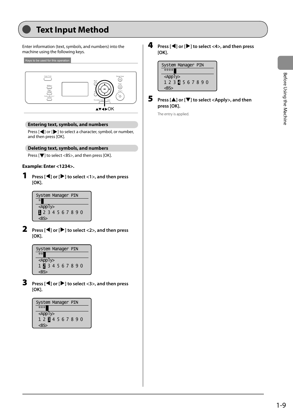 Text input method, Entering text, symbols, and numbers, Deleting text, symbols, and numbers | Canon imageCLASS D550 User Manual | Page 27 / 116