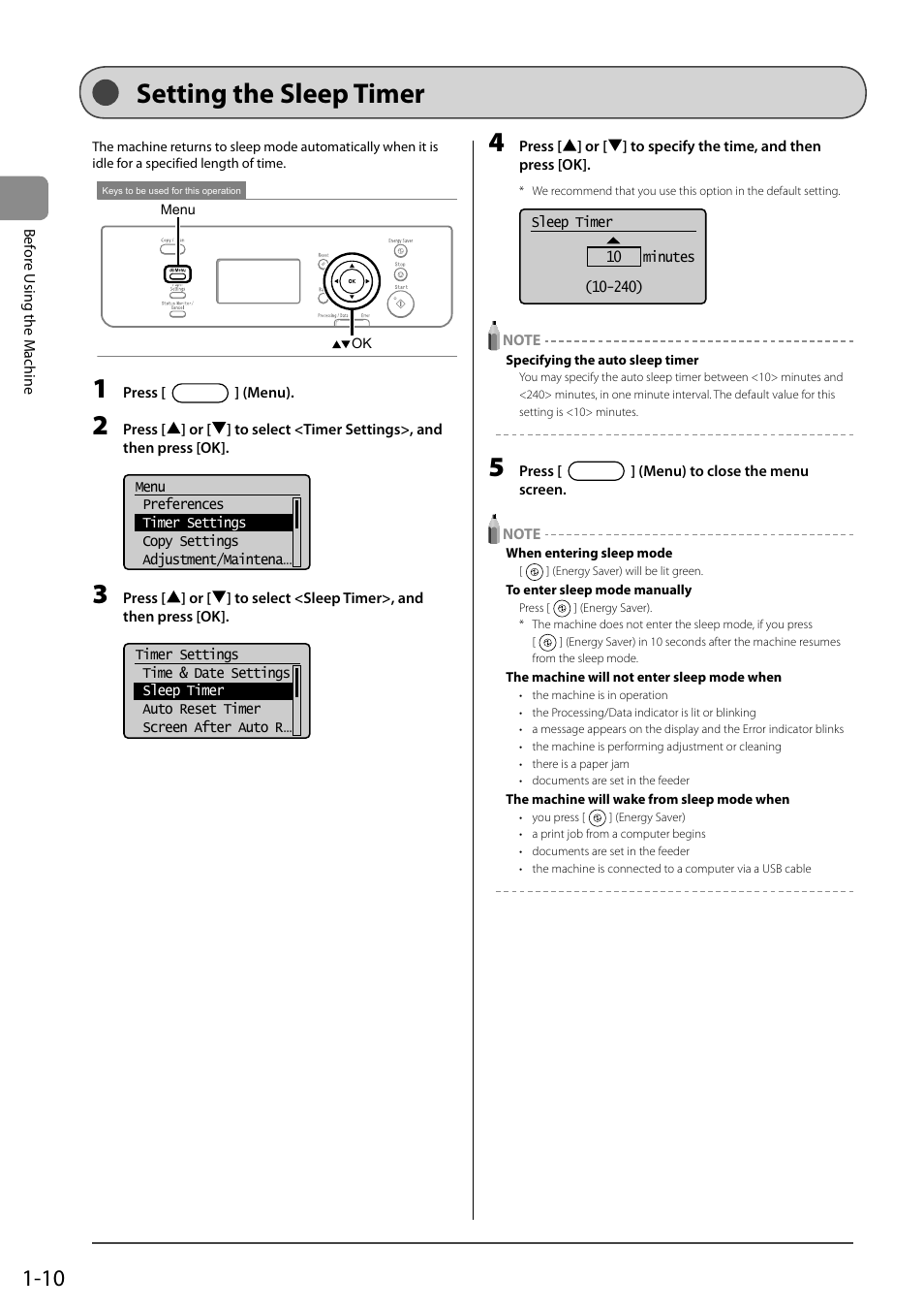 Setting the sleep timer | Canon imageCLASS D550 User Manual | Page 28 / 116