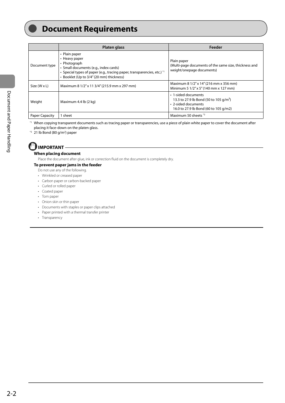 Document requirements, Document and p aper handling, Important | Canon imageCLASS D550 User Manual | Page 32 / 116