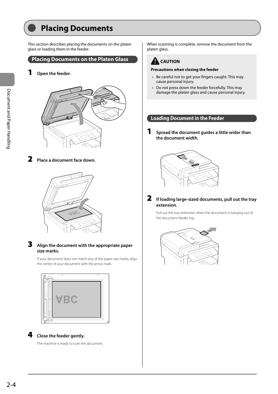 Placing documents, Placing documents on the platen glass, Loading document in the feeder | Canon imageCLASS D550 User Manual | Page 34 / 116