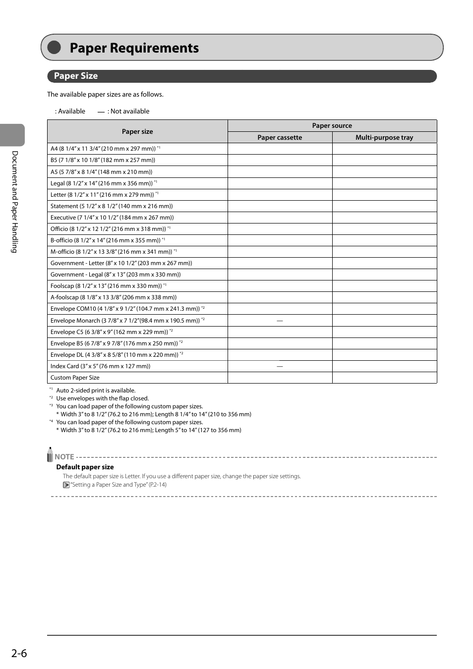 Paper requirements, Paper size, Document and p aper handling | Canon imageCLASS D550 User Manual | Page 36 / 116