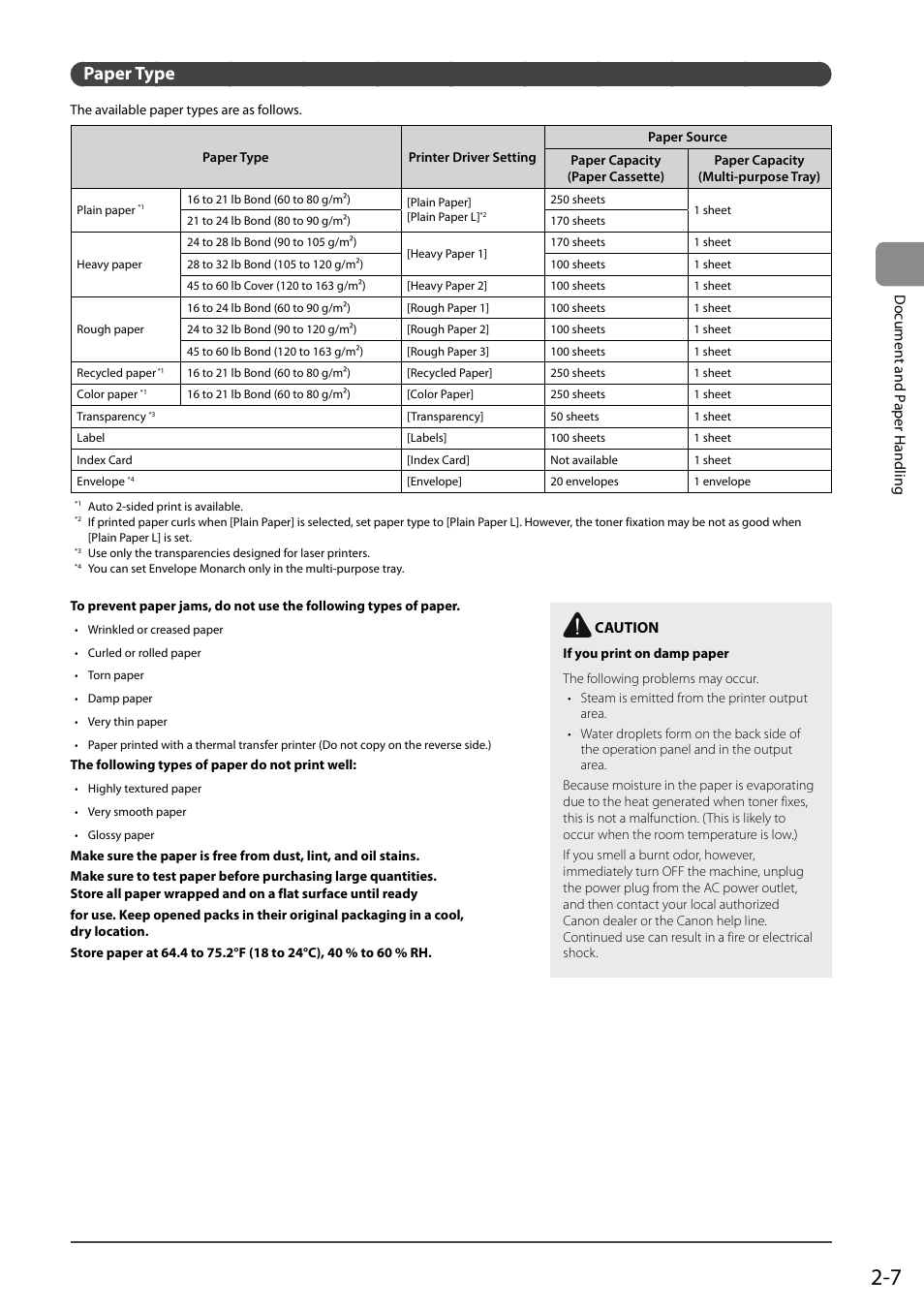 Paper type, Document and p aper handling, Caution | Canon imageCLASS D550 User Manual | Page 37 / 116