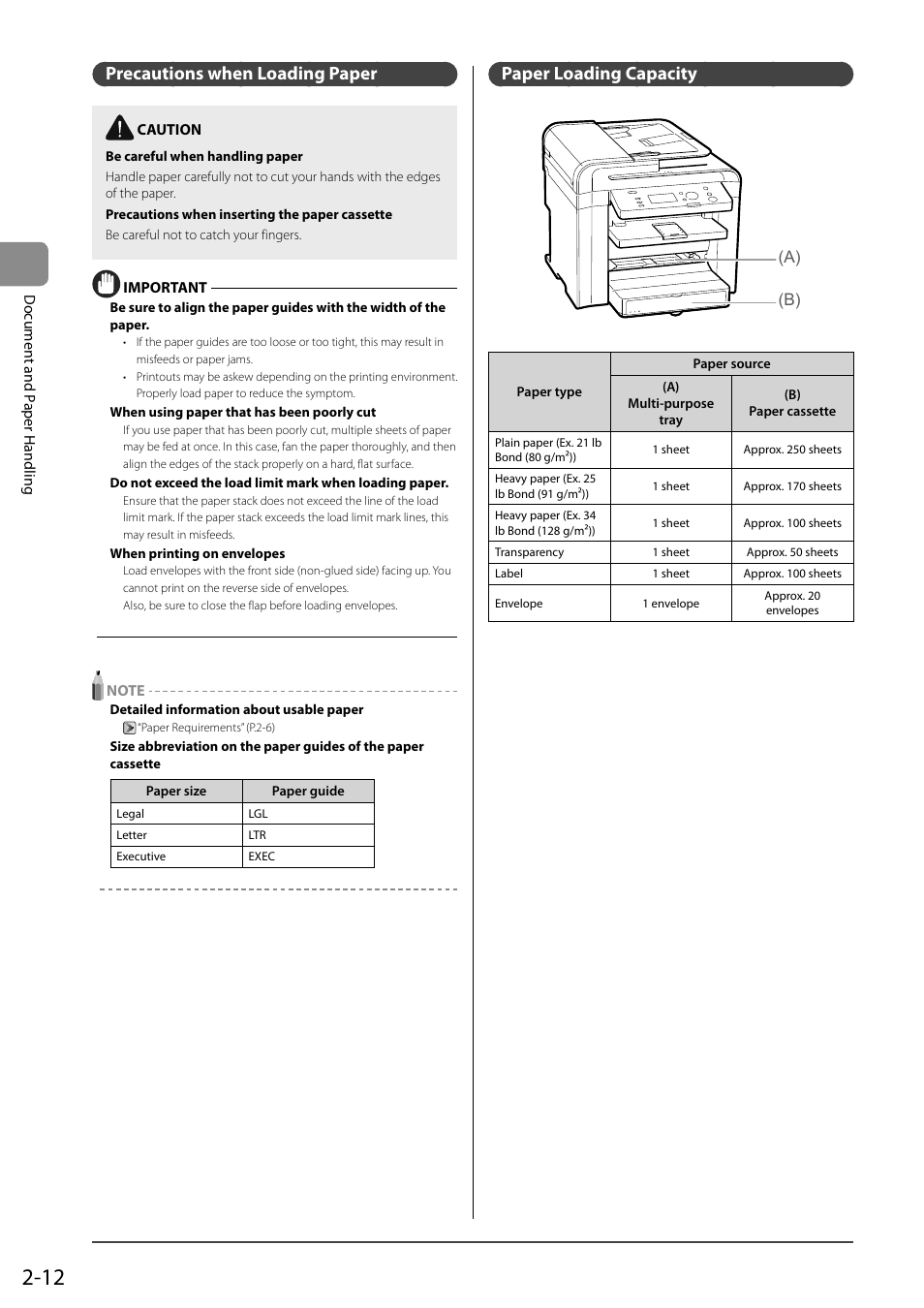Precautions when loading paper, Paper loading capacity | Canon imageCLASS D550 User Manual | Page 42 / 116