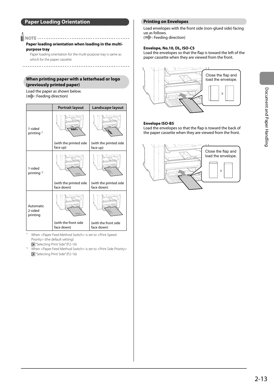Paper loading orientation, Printing on envelopes, When printing paper with a letterhead or logo | Previously printed paper) | Canon imageCLASS D550 User Manual | Page 43 / 116