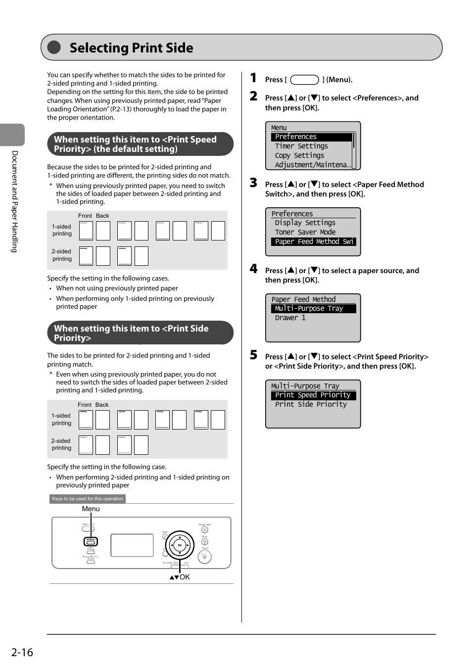 Selecting print side, When setting this item to <print side priority, When setting this item to <print speed priority | The default setting), P.2-16) | Canon imageCLASS D550 User Manual | Page 46 / 116