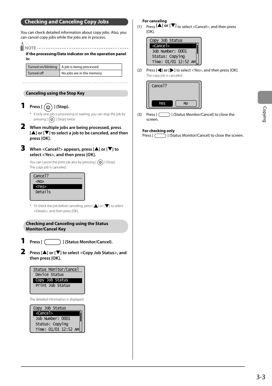 Checking and canceling copy jobs, Canceling using the stop key, Checking and canceling using the status | Monitor/cancel key | Canon imageCLASS D550 User Manual | Page 51 / 116