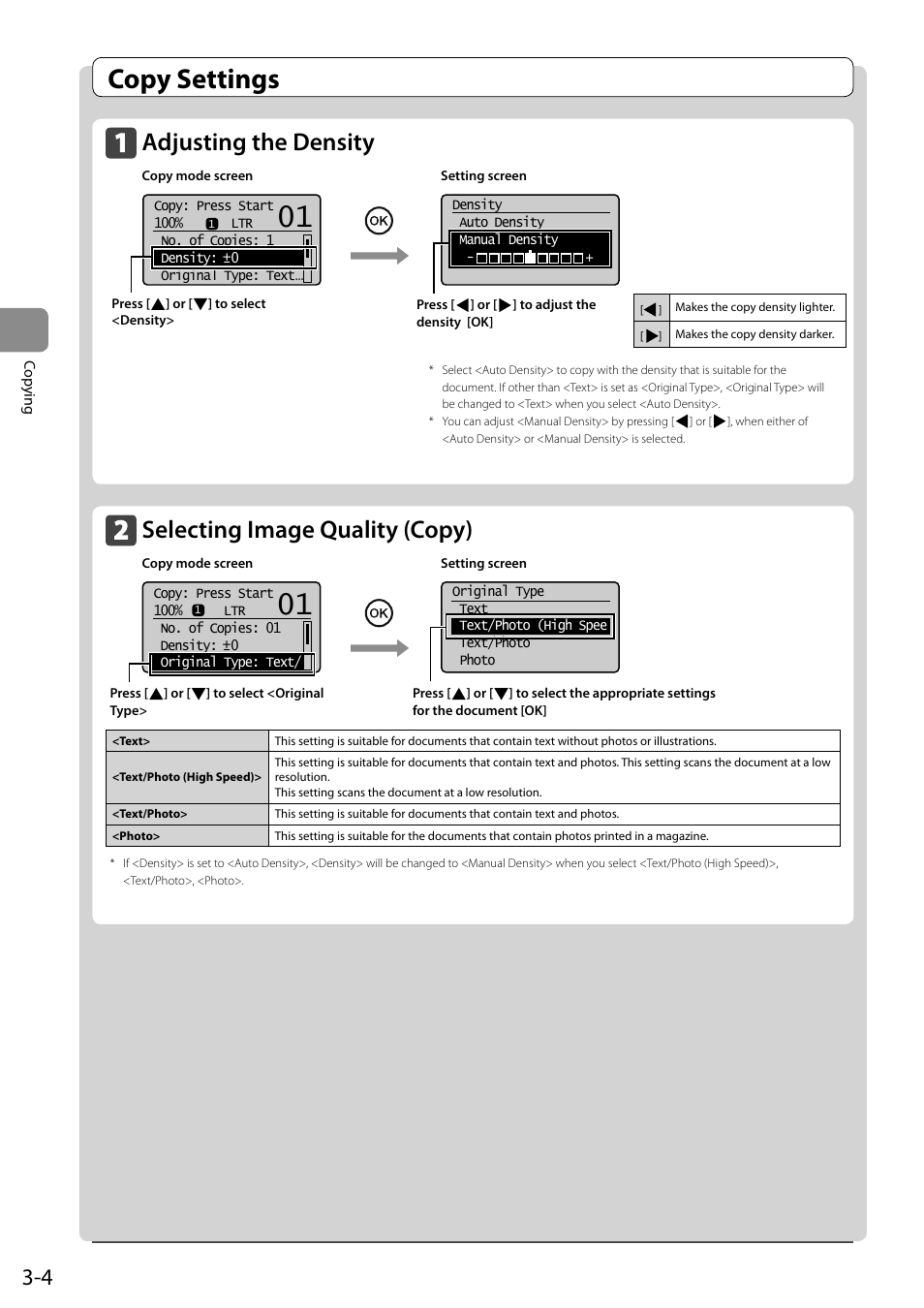 Copy settings, Adjusting the density, Selecting image quality (copy) | Canon imageCLASS D550 User Manual | Page 52 / 116