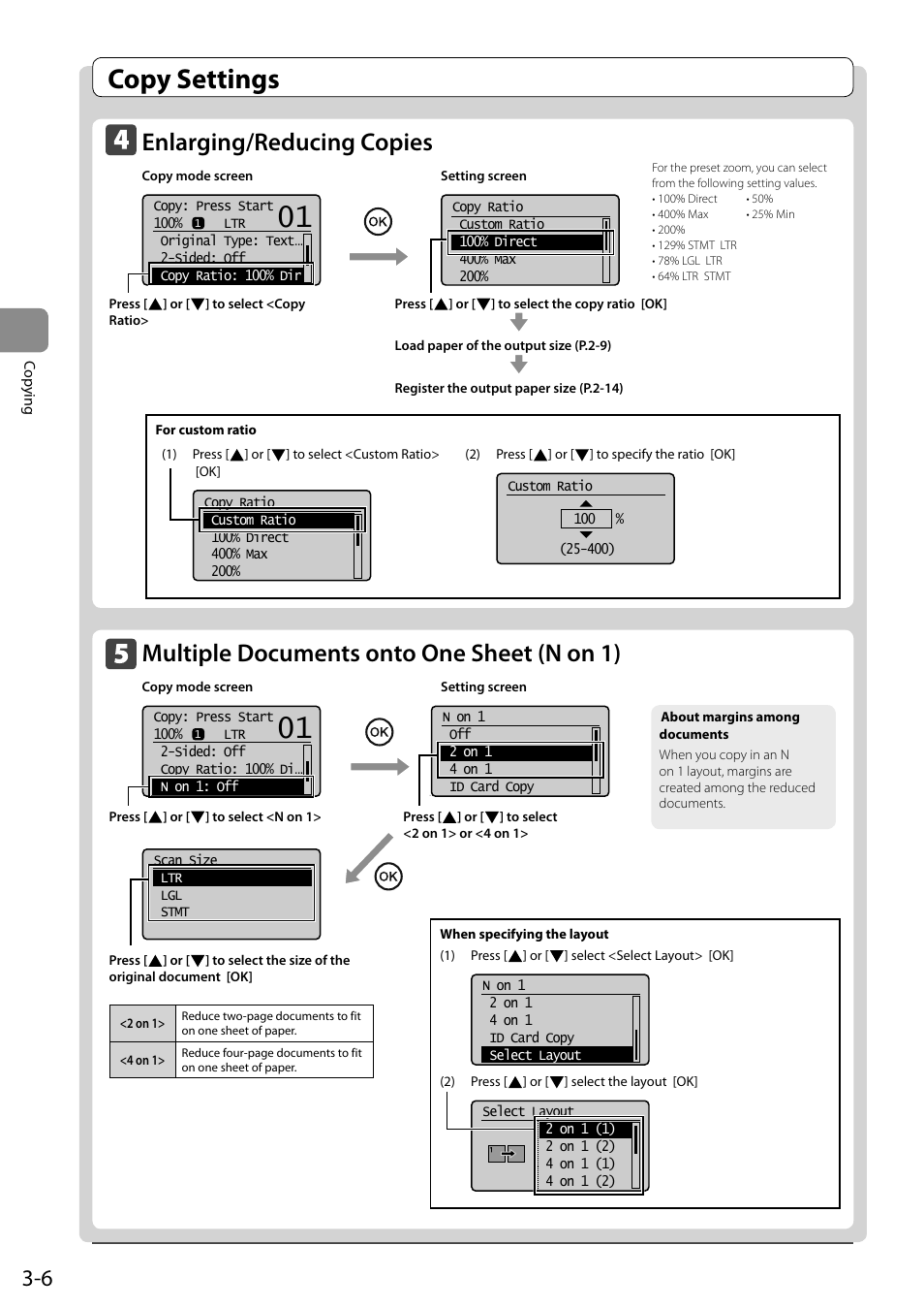 Enlarging/reducing copies, Multiple documents onto one sheet (n on 1), Copy settings | Canon imageCLASS D550 User Manual | Page 54 / 116