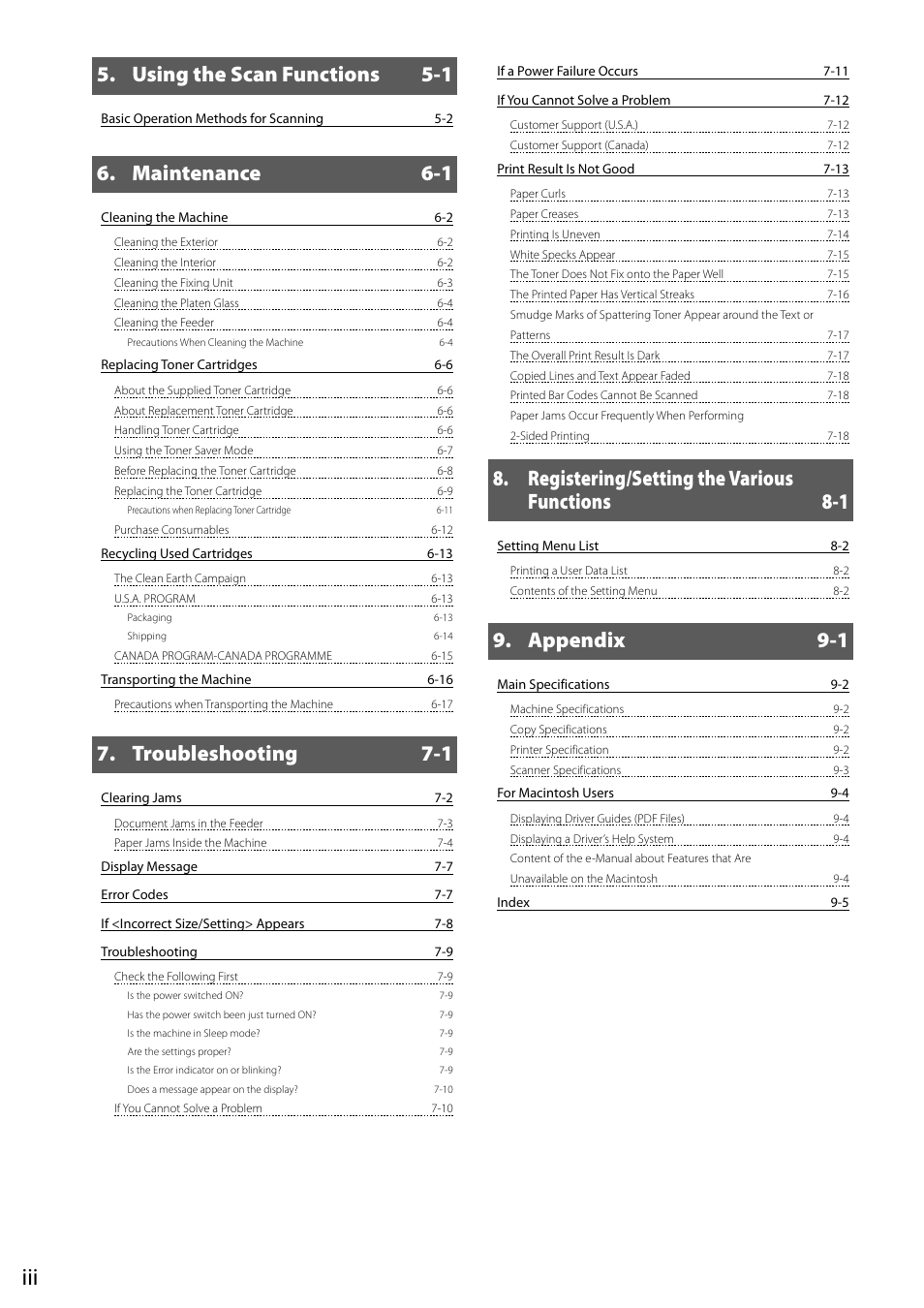 Using the scan functions 5-1, Maintenance 6-1, Troubleshooting 7-1 | Registering/setting the various functions 8-1, Appendix 9-1 | Canon imageCLASS D550 User Manual | Page 6 / 116