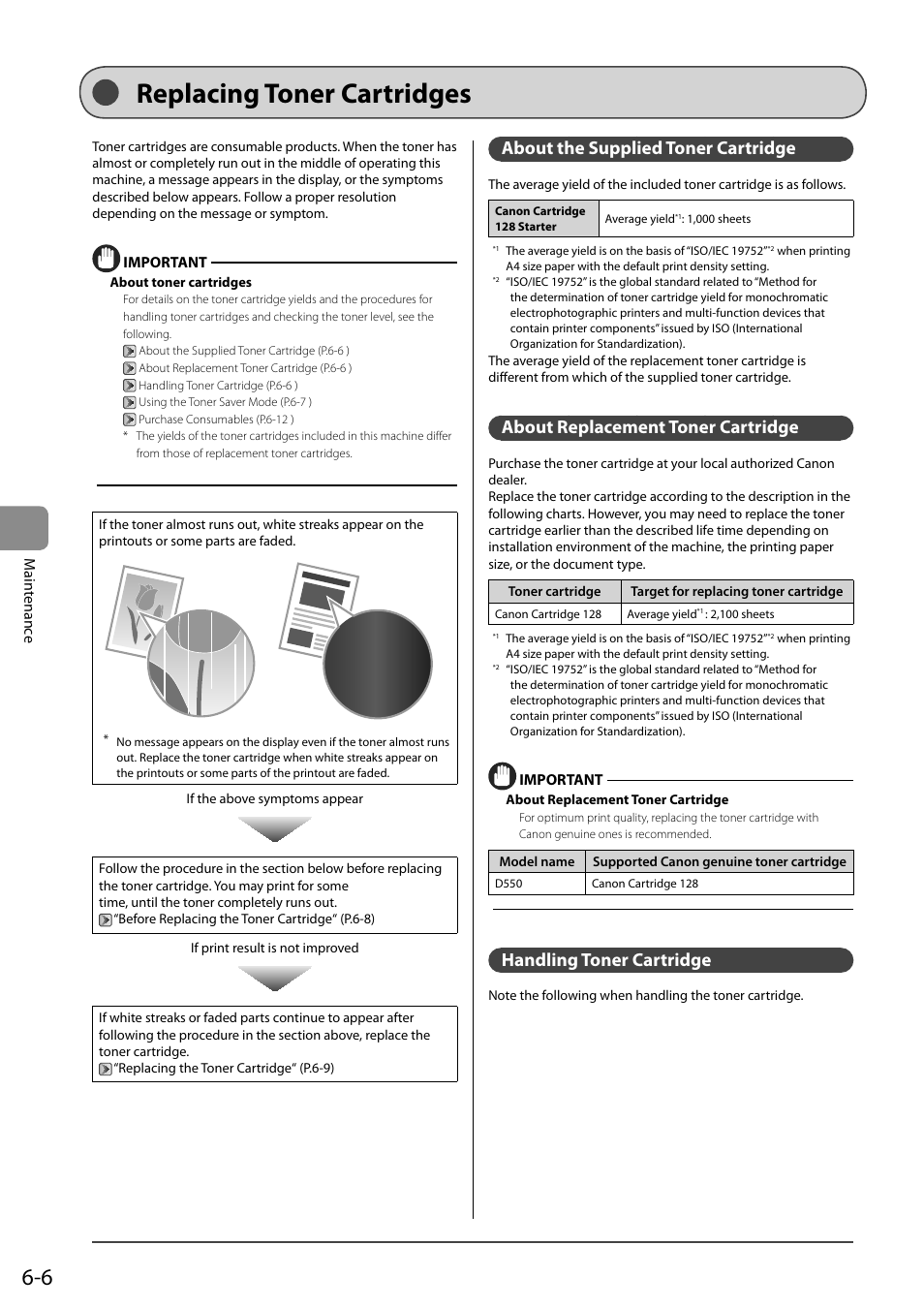 Replacing toner cartridges, About the supplied toner cartridge, About replacement toner cartridge | Handling toner cartridge | Canon imageCLASS D550 User Manual | Page 74 / 116